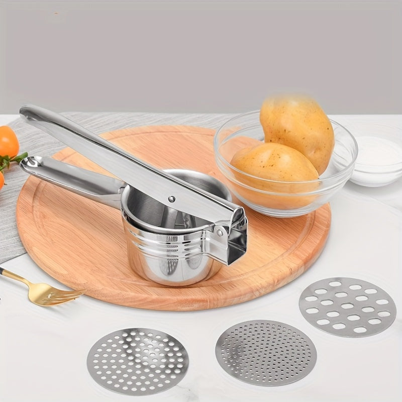 Kitchen Tools Set: Stainless Steel Potato Masher with 3 Interchangeable Fine Scale Potato Flour Machines, Fruit and Vegetable Shredders