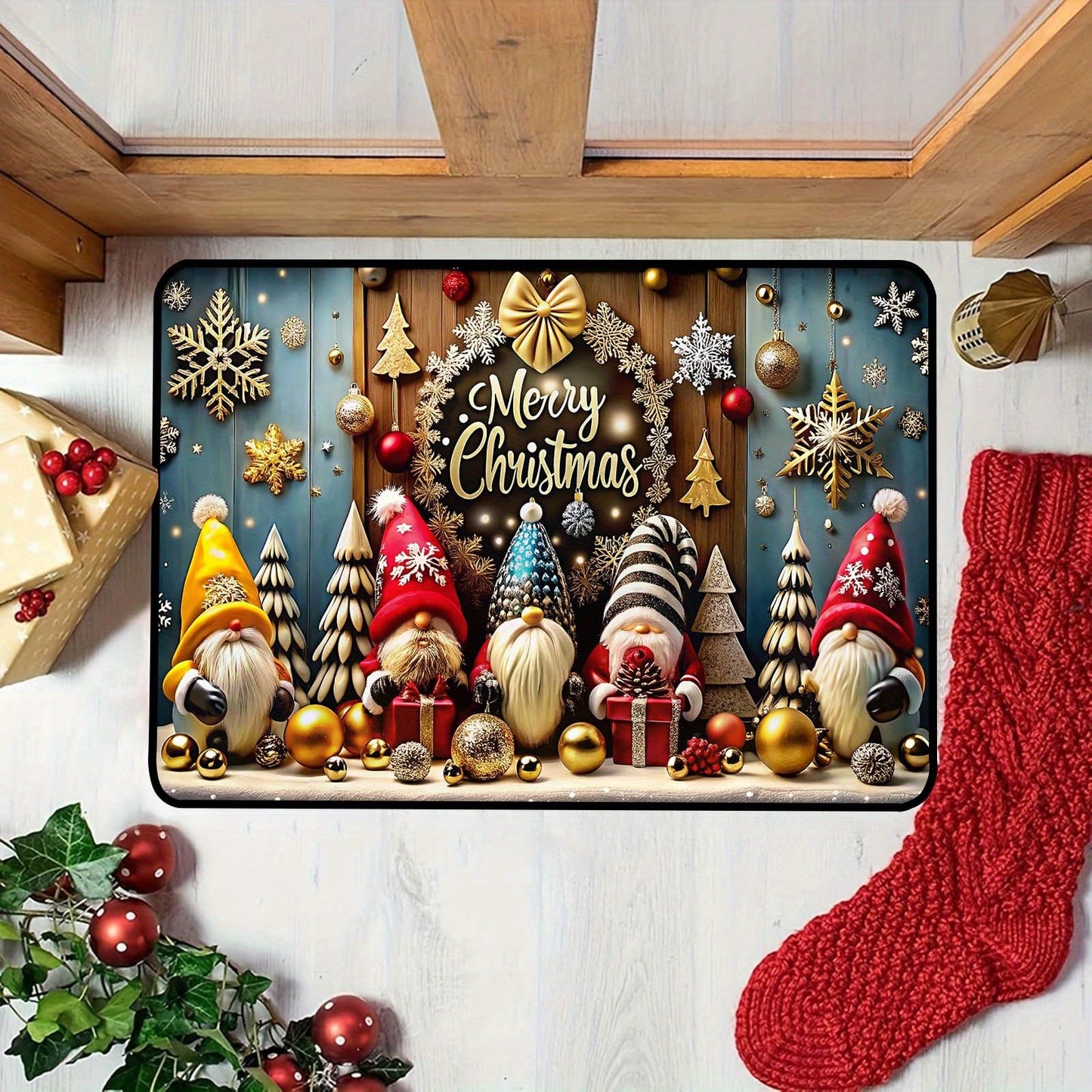 Christmas Gnome Holiday Welcome Mat, Durable Polyester Material, Low Pile Weave, Non-Slip Backing for Indoor Use, Festive Home Décor for Bedroom, Living Room, or Reading Area - Adorable Christmas Gnome Design