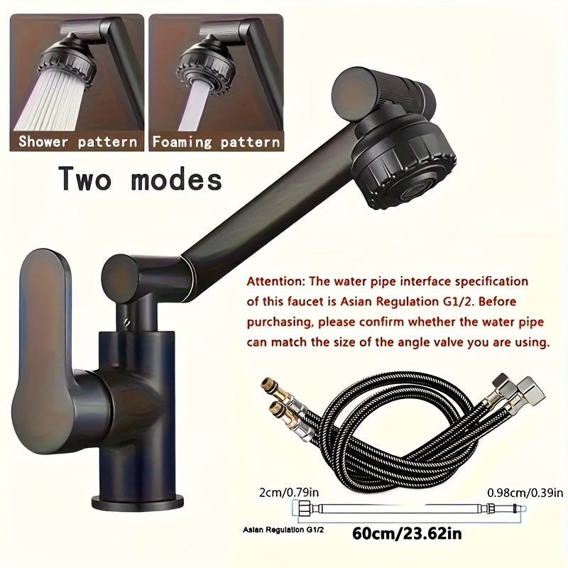 Washbasin faucet with hot and cold water options, four spout modes, mechanical arm, suitable for household bathrooms. Universal design.