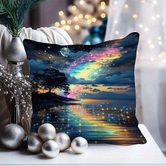 Enhance your home decor with the Aurora Starry Rainbow Tree of Life decorative cushion cover. This classic style polyester cover is machine washable and features a zipper closure for easy removal. Designed for a 45.72x45.72 cm pillow, it's perfect for