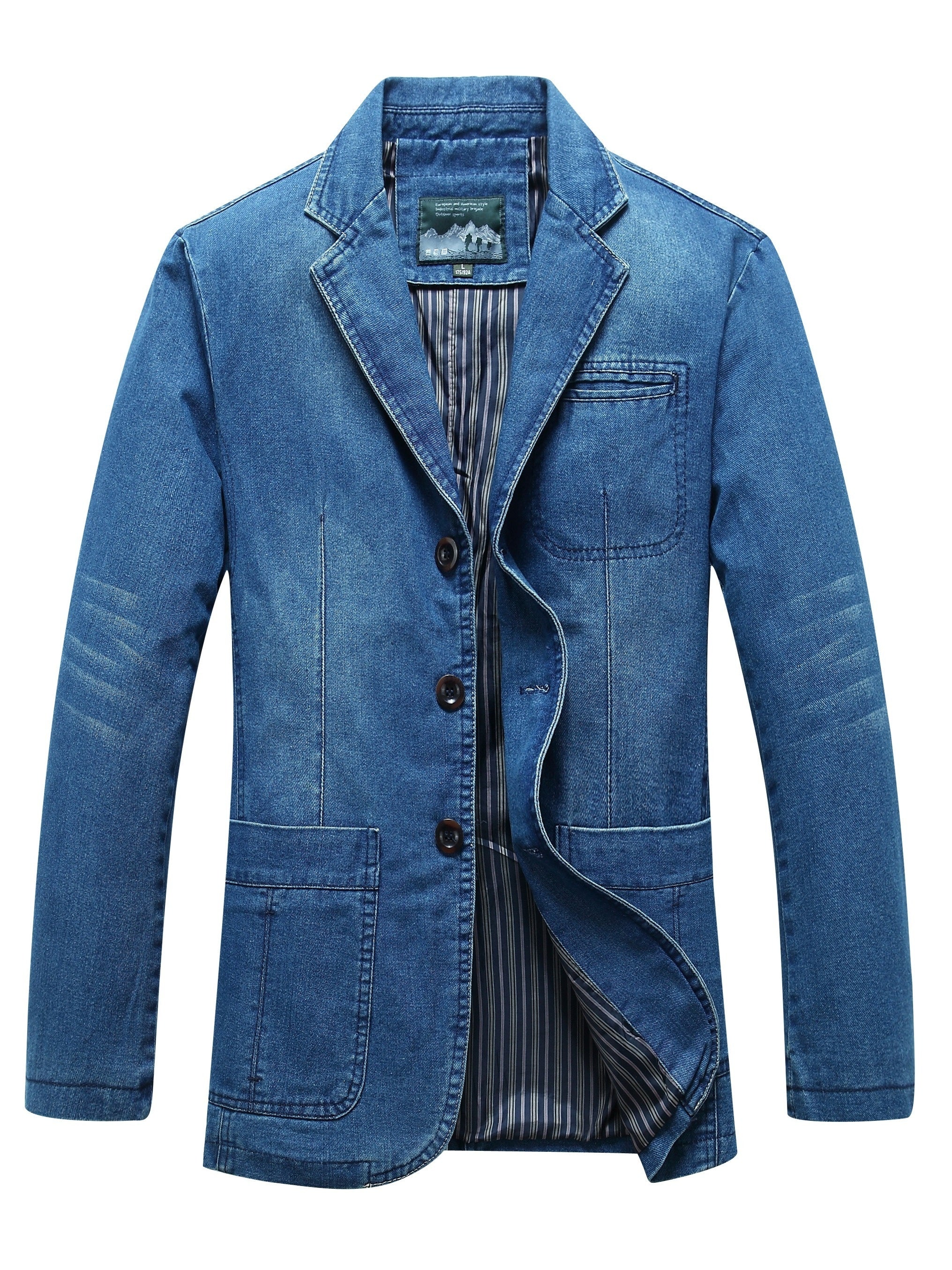 Men's Casual Denim Blazer with Long Sleeve, Button Closure, Flap Pockets, Striped Collar, Water-Resistant, Loose Fit for Spring/Fall.