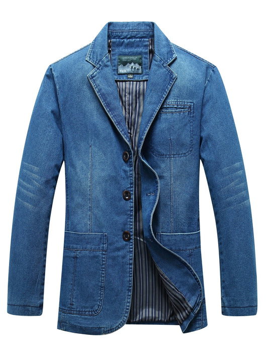 Erkaklar uchun tasodifiy denim blazer, uzun yengli, tugma yopilishi, qopqoq cho'ntaklari, chiziqli yelka, suv o'tkazmaydigan, yoz/kuz uchun keng kesim.