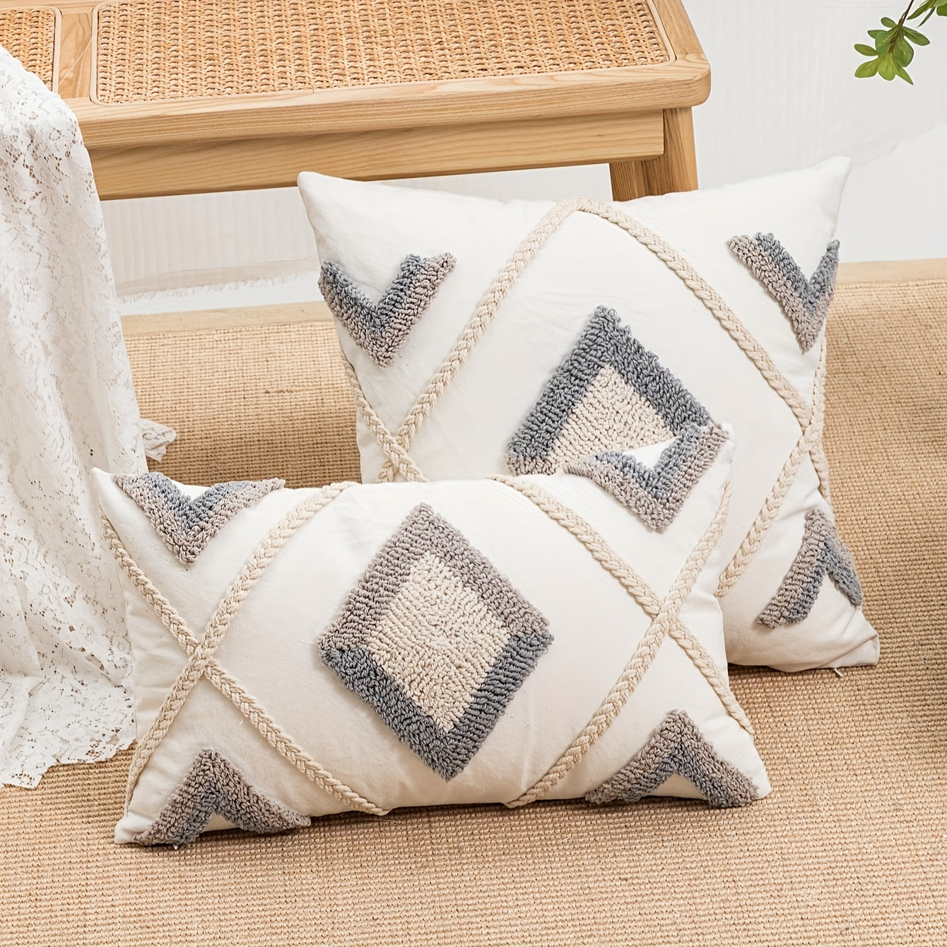 Bohemian geometric pillow cover featuring hemp rope & velvet embroidery - perfect for bedroom, living room, or sofa decor. Square design in beige with jute detailing.