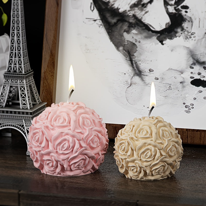 1 piece 3D round rose ball silicone mold for candle making and DIY home decoration featuring flower cluster design.