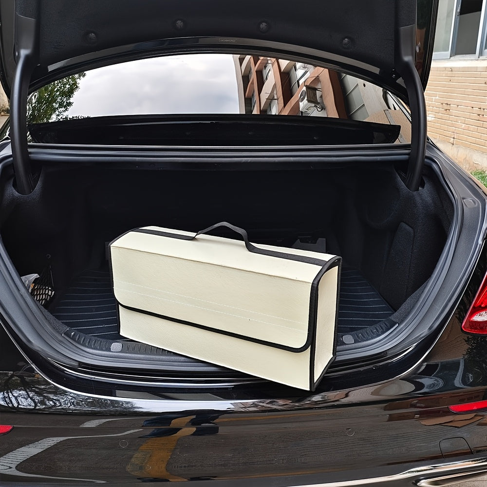 Folding storage box for car interior in black and grey, featuring hook-and-loop fastener for easy installation.