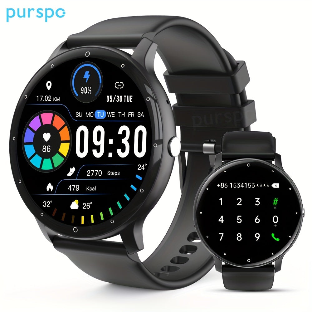 Purspo Smart Watch with call function, wireless 5.2, multi-sport modes, weather forecast, AI voice control, music playback, TFT display, silicone strap, USB charging, 230mAh battery