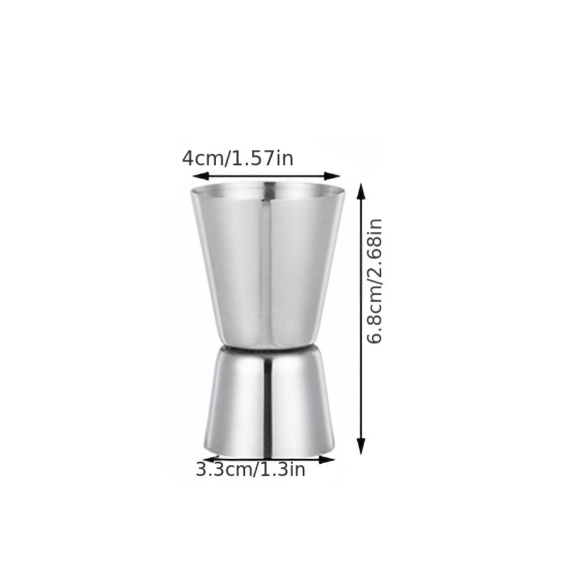 Stainless steel measuring cup, cocktail shaker, and jigger - perfect for bartending and kitchen use.