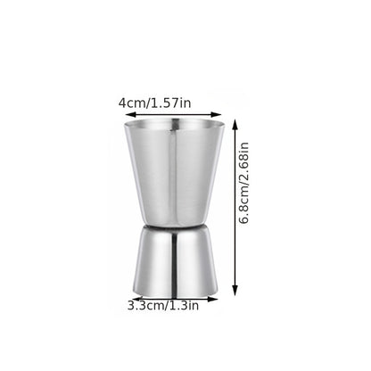 Stainless steel measuring cup, cocktail shaker, and jigger - perfect for bartending and kitchen use.