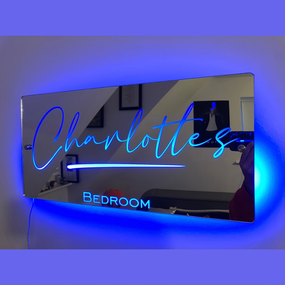 Custom name LED mirror light for bedroom, USB powered, wall-mounted with remote control - ideal for gifts and decorative purposes.