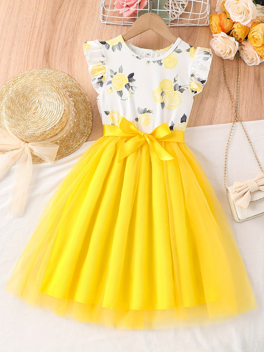 1pc Floral Print Girl's Dress: Elegant polyester summer dress with bow detail and spaghetti straps for children.