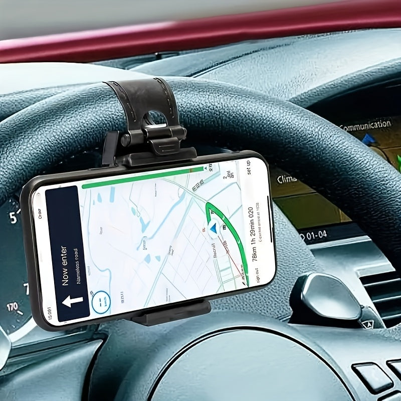 Durable and easy-to-use universal car phone holder with plastic steering wheel mount, mobile phone stand support, and bike clip mount.