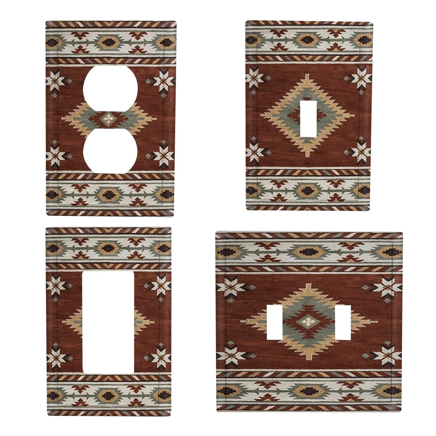 Enhance Your Bedroom Decor with a Rustic Tribal-inspired Wall Switch Panel Cover, Available in 1Gang or 2Gang - Made from Durable Polycarbonate for Long-lasting Use. Featuring Southwestern Patterns in Brown, Beige, and White, This Bedroom Decor Accessory