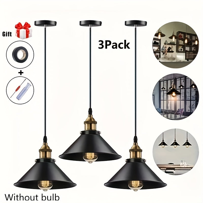 3-piece industrial pendant lamp set with E26/E27 base, includes screwdriver and electric tape as gift (bulb not included)