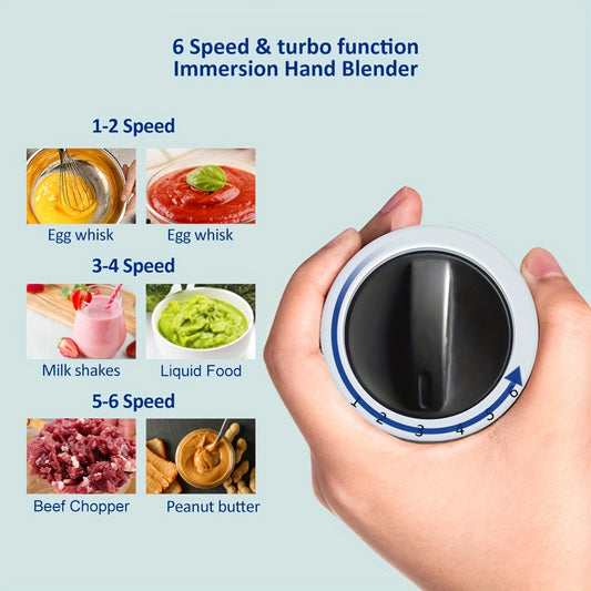 BioloMix 1200W 5-in-1 Handheld Mixer with Egg Beater, Chopping Bowl, Smoothie Cup. Ideal for Smoothies, Purees, and More. EU Plug Included. Kitchen Appliance with Integrated Measuring Cups.