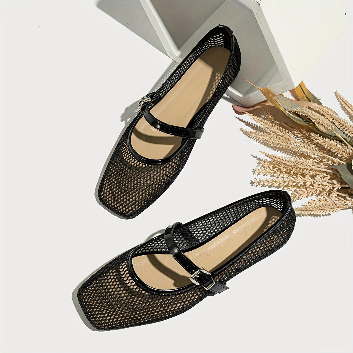 Breathable women's mesh ballet flats with casual square toe design and soft sole for comfort.