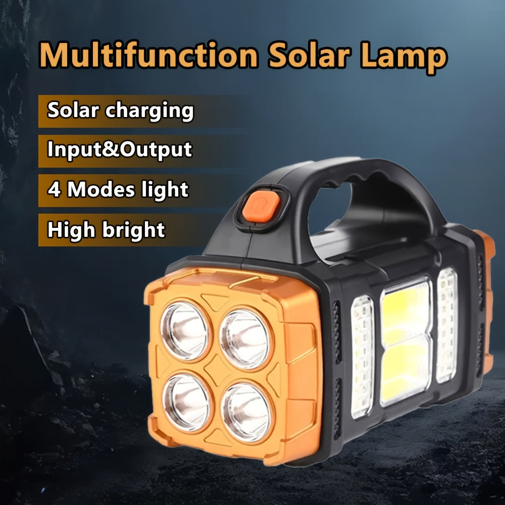 Portable lantern with emergency lighting for camping and fishing, can be recharged with solar or USB.