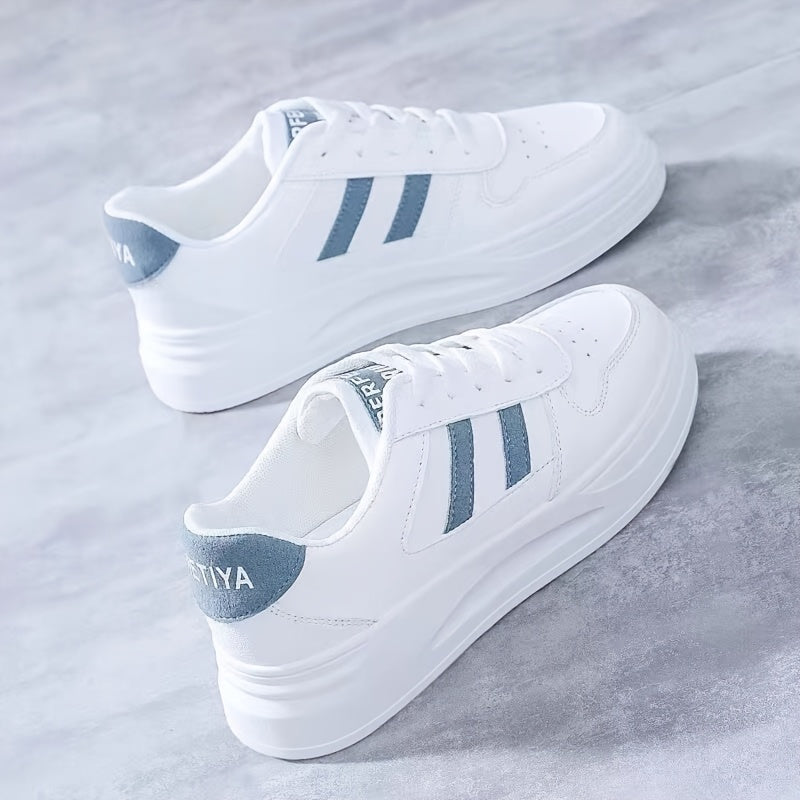 Women's classic white sneakers with blue stripes, casual, non-slip, waterproof, durable for all seasons.