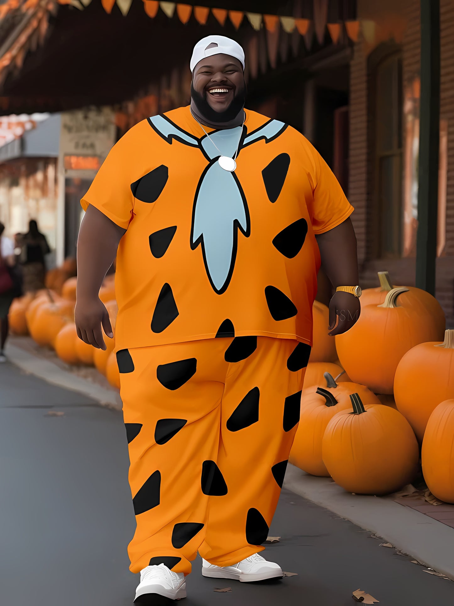 Men's plus size pumpkin yellow outfit featuring a "Crazy" original man print on both short sleeve and long pants. Made of stretch knit fabric, this unisex set is perfect for casual parties