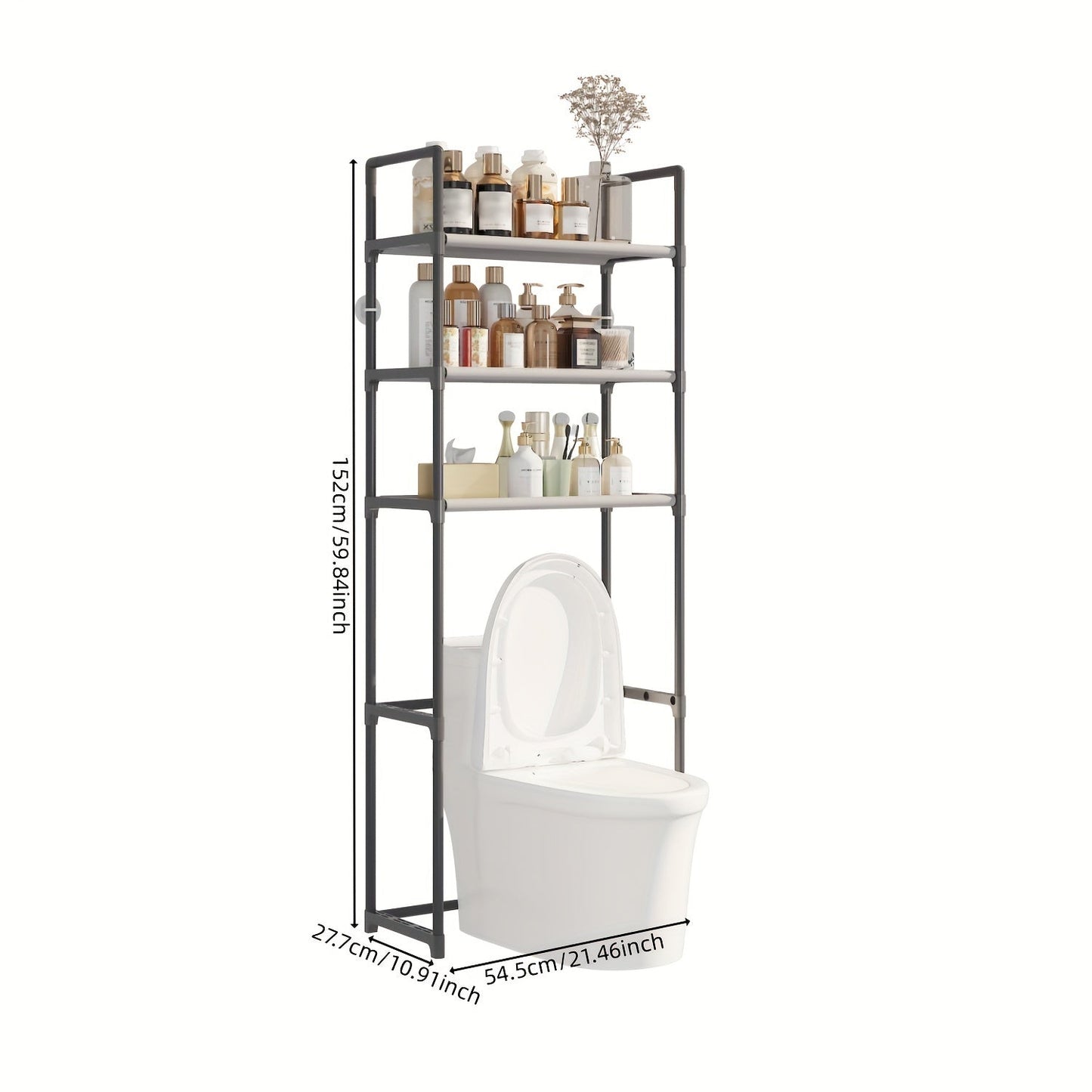 Black Metal and Plastic Frame Over-the-Toilet Bathroom Space Saver Organizer with Adjustable Shelves | Floor Mount Storage Rack | Easy Assembly | Non-Electric | 1 Piece Pack