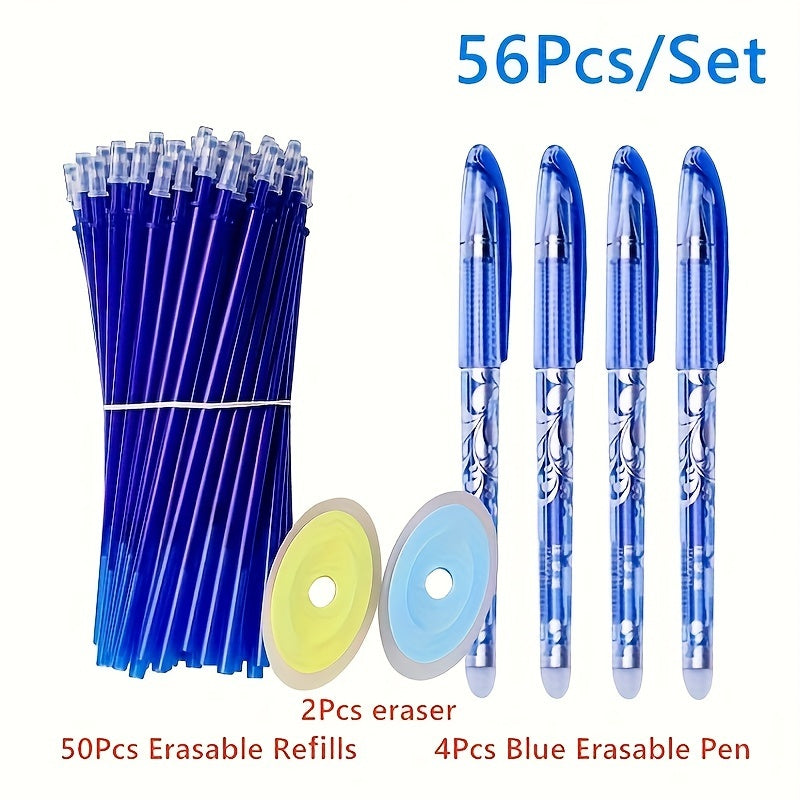 56 pc/set of erasable gel ink ballpoint pens with medium tip (0.5mm), washable handles, black & blue ink. Random eraser colors. Ideal for school and office supplies.