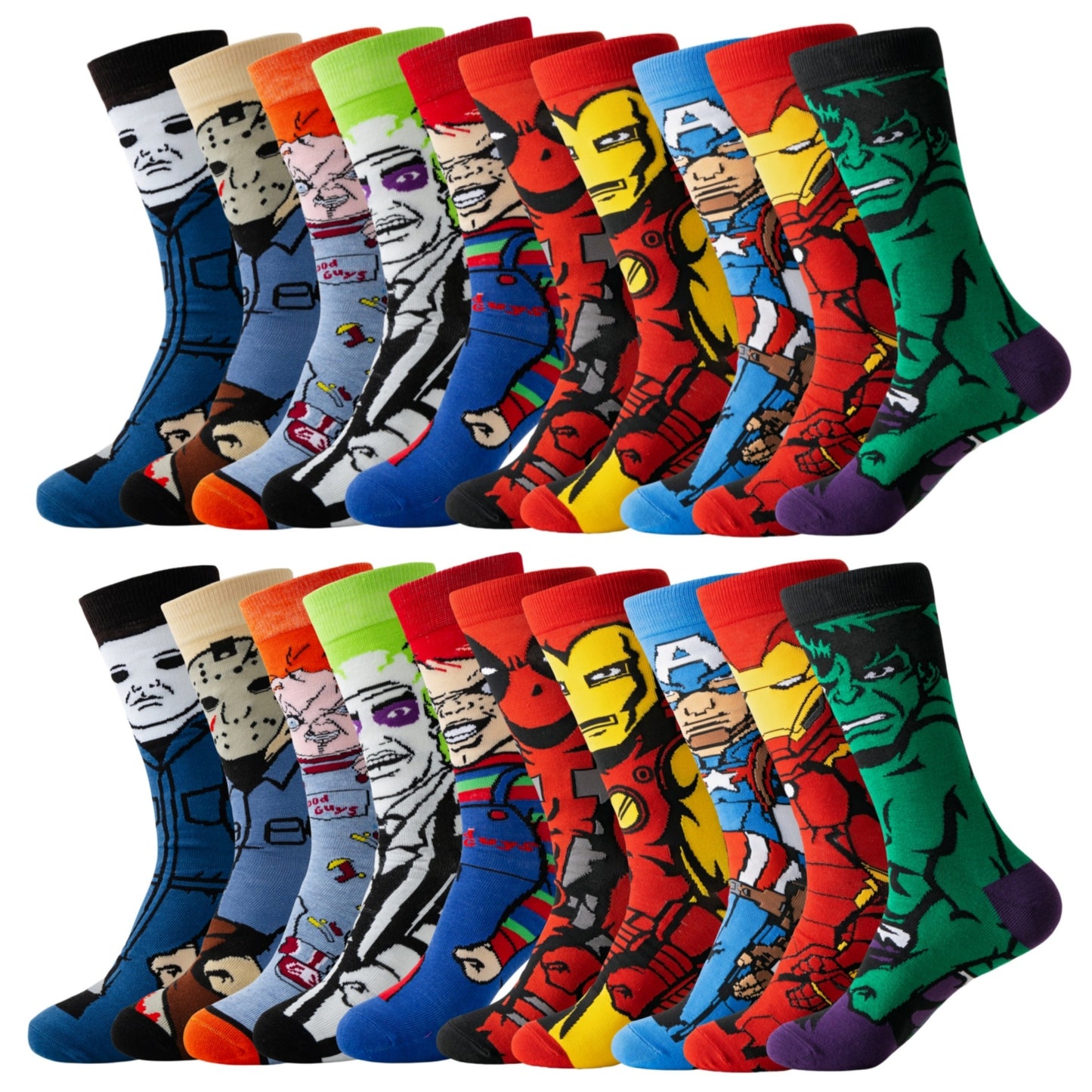 5/10/20 pairs of men's cartoon crew socks made of 97.8% Polyester and 2.2% Spandex. Breathable knit fabric with casual street style, suitable for all seasons outdoor wear. Hand washable.