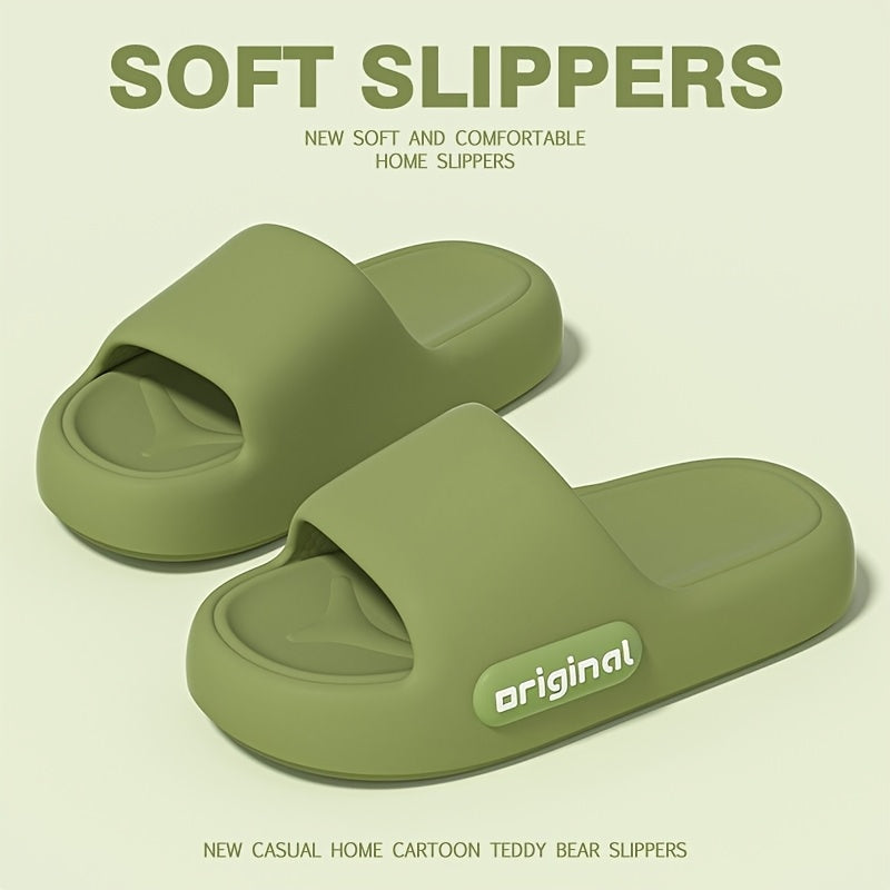 Stylish solid color slippers with soft soles, ideal for indoor use. Made with EVA material that's easy to clean in the machine.