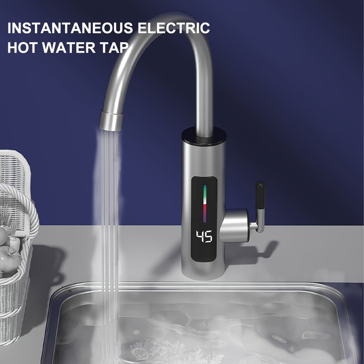 Sleek stainless steel hot water tap with LED display, 3000W power, overheat protection, dual hot/cold mode, ideal for kitchen & bathroom, European plug included.