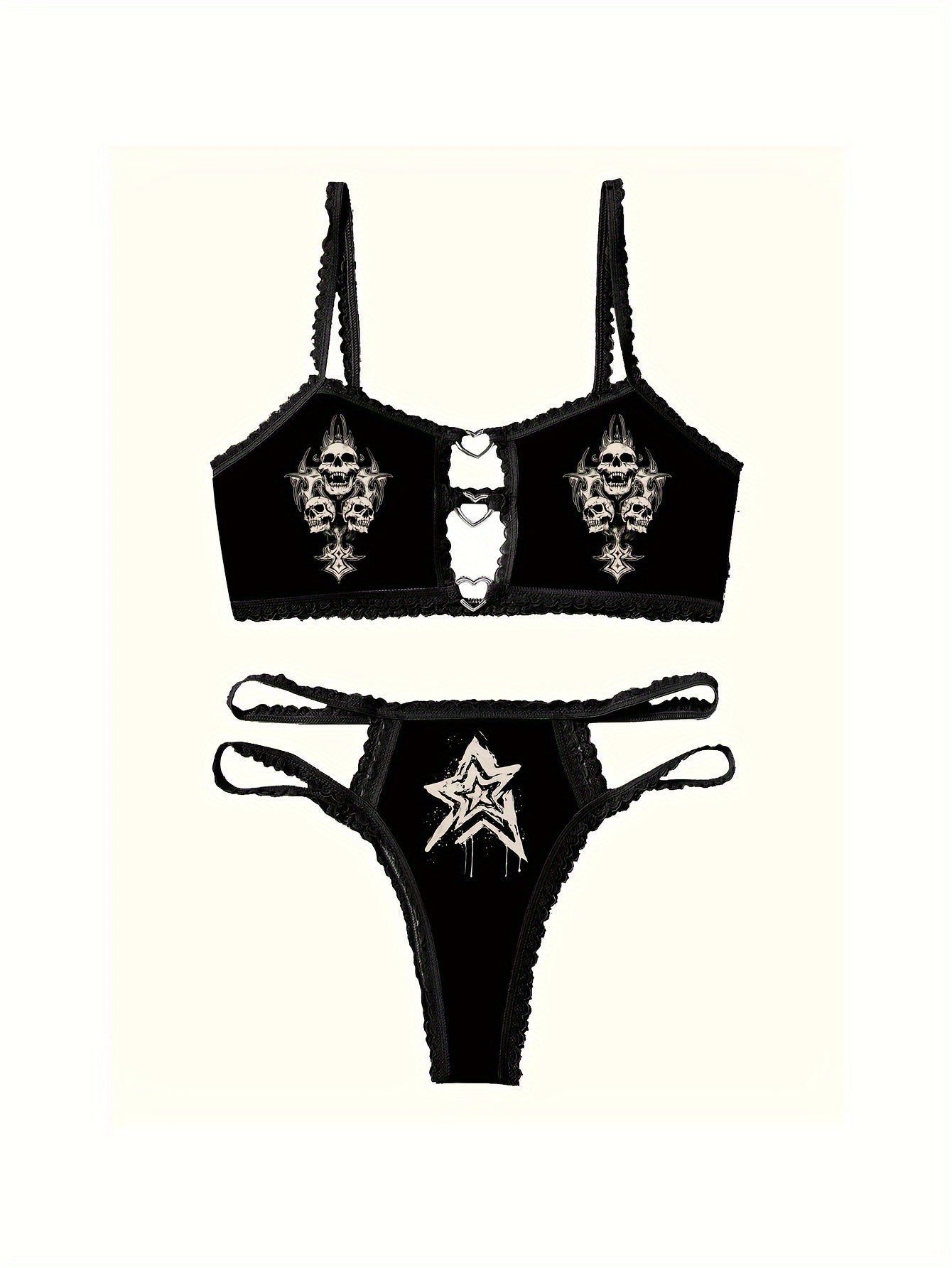 Unique skull star print bra and thong set with lace trim.