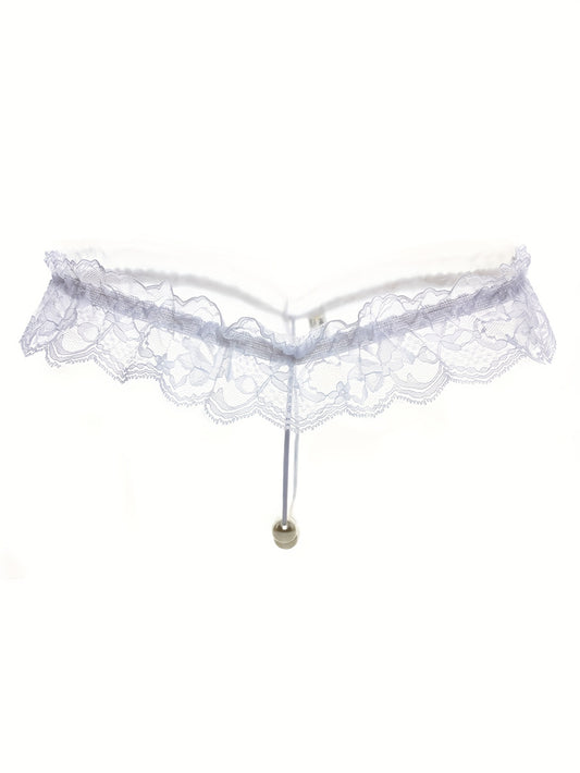 Sexy lingerie for women featuring lace faux pearl bead decoration T-string thongs.