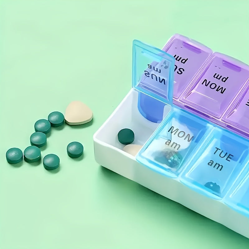 Portable 7-day pill organizer with dual-color compartments made of plastic.