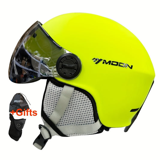 Moon Ski Helmet with Goggles offers all-around protection for outdoor sports like snowboarding and skateboarding. Features include a PC+EPS construction, universal fit, integrated visor