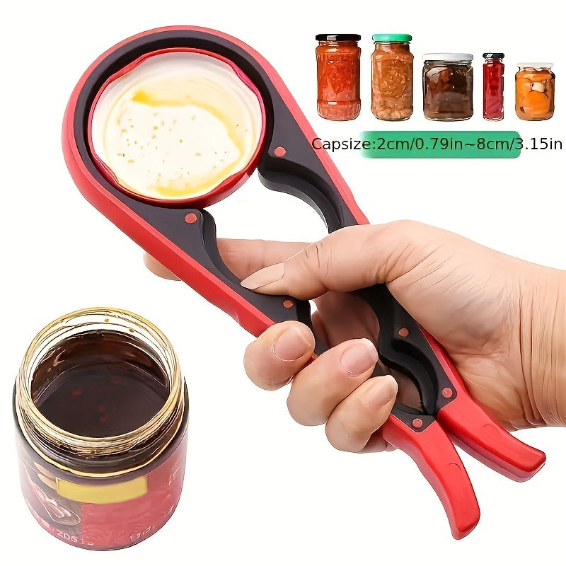 Multi-functional 4-in-1 plastic jar opener with non-slip grip for manual bottle cap removal in the kitchen.