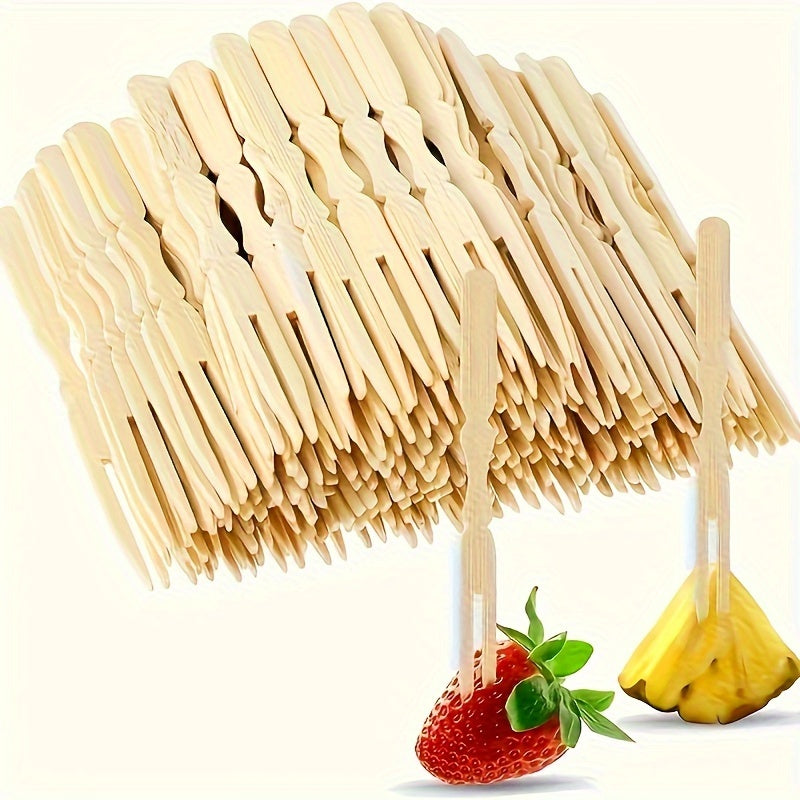 100/200pcs Mini Bamboo Cocktail Forks for appetizers, fruits, pastries, and desserts. 8.89cm in length.