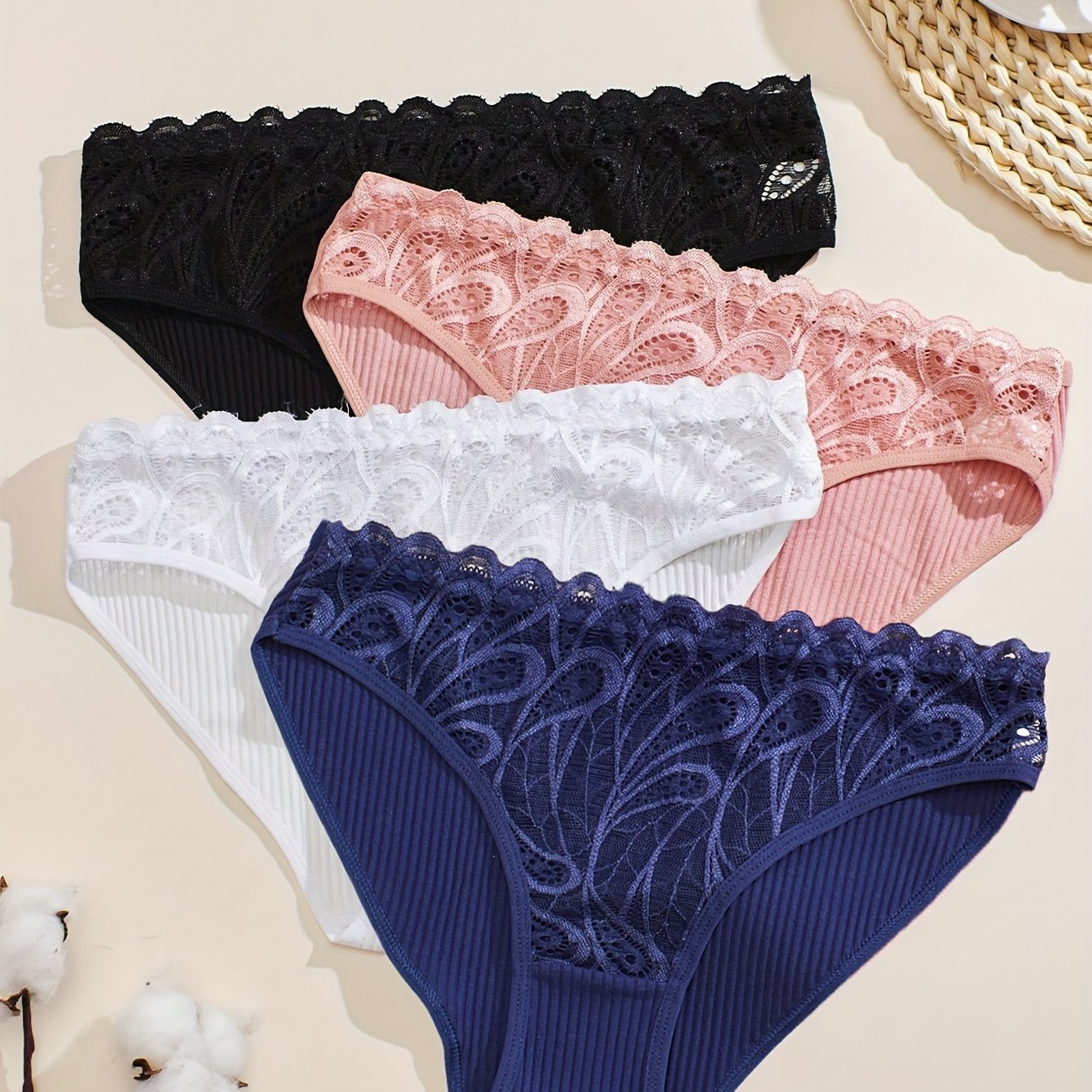 Four paisley lace briefs, sexy and comfortable stretchy intimates for women.