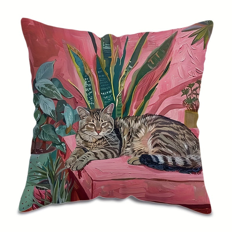 One piece of Glam Style Throw Pillow Cover featuring an Oil Painting Cat & Tropical Plants Print. This Machine Washable Polyester Decorative Cushion Case measures 44.96cm and comes with a Zipper. Perfect for use on the Sofa, Bed, or Car.