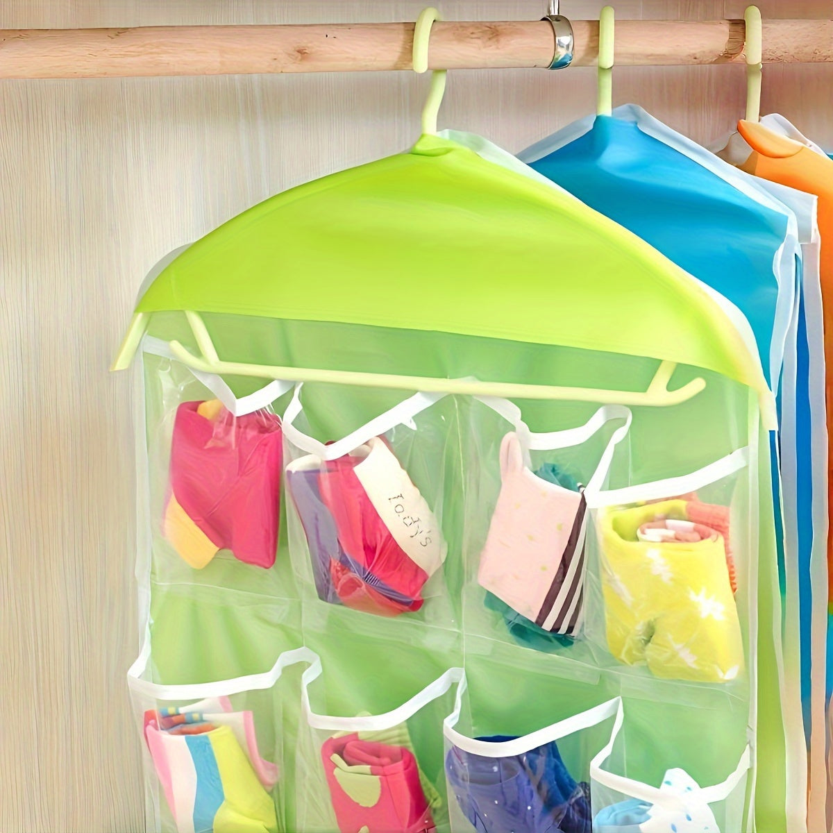 Vibrant 16-pocket hanging organizer for socks, underwear, and small items made of durable polyester with mesh pockets, perfect for bedroom or living room.