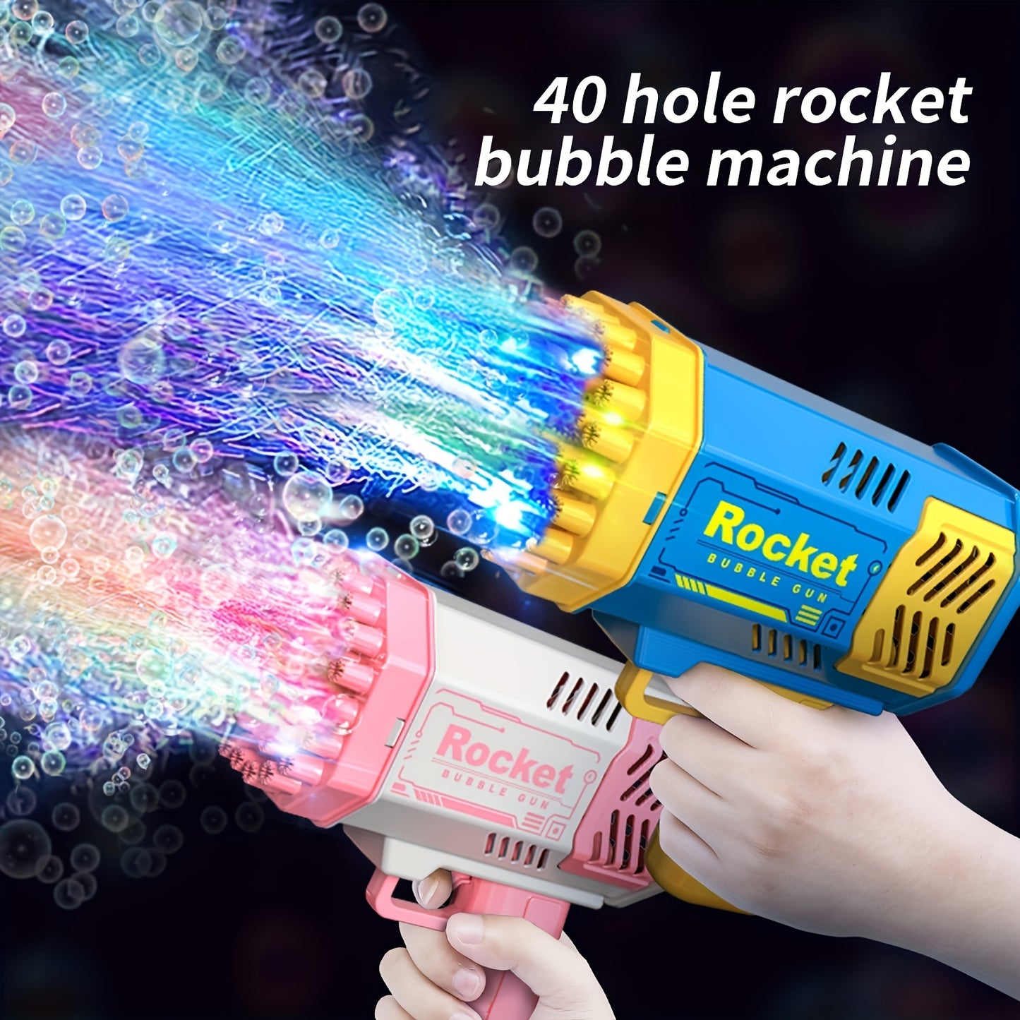 Kids' portable electric bubble gun with 40 holes and LED lights in pink/blue. Perfect for parties and outdoor fun. Made of plastic with a kid-friendly design.