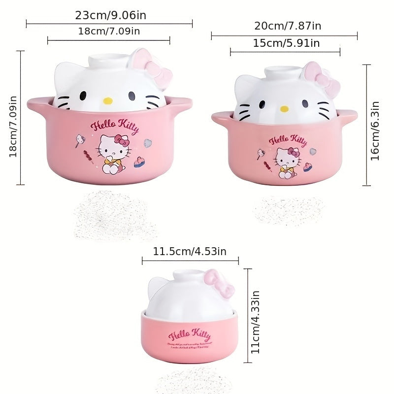 One Sanrio Hello Kitty Ceramic Cartoon Pot, Adorable Soup Crock with Lid, Multi-Purpose Stew Pot for Cooking, Baking, and Steaming - Charming Kitchen Cookware