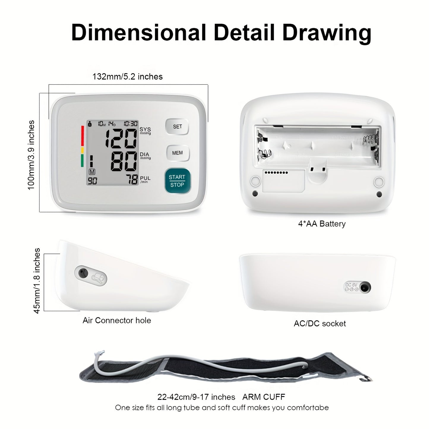 Digital home blood pressure monitor with automatic upper arm cuff that fits 22.1-43.18 cm.