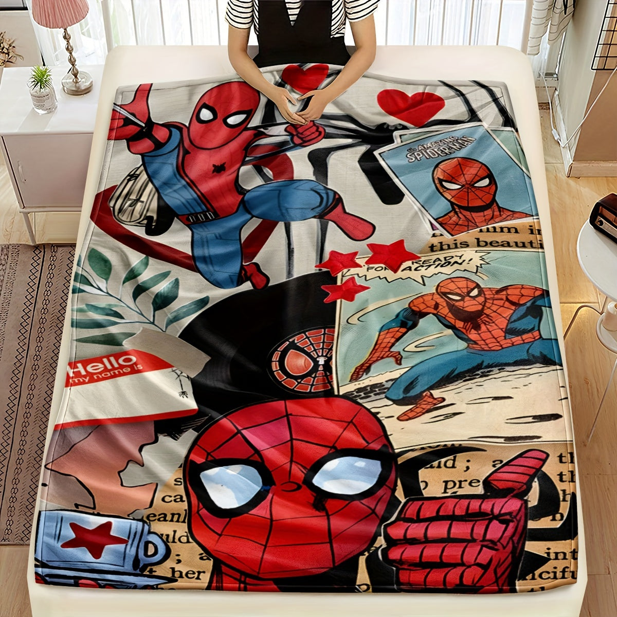 Cartoon Spider Plush Blanket - Perfect for All Seasons! 
This cozy 1pc blanket features a fun cartoon spider design and is made of high-quality polyester material. 
It is great for keeping you warm in bed, on the sofa, while traveling, camping, or even