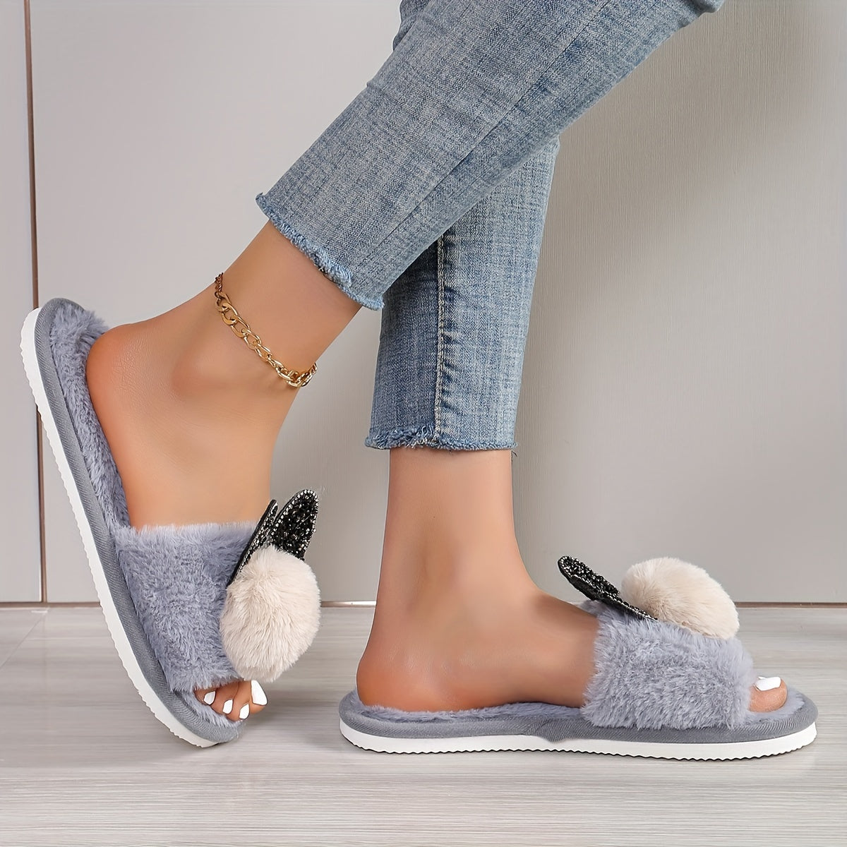 Women's Bunny Ears Glitter Slippers - All-Season Indoor House Shoes with Plush Furry Lining, EVA Sole, Soft Fabric Upper for Cozy Comfort