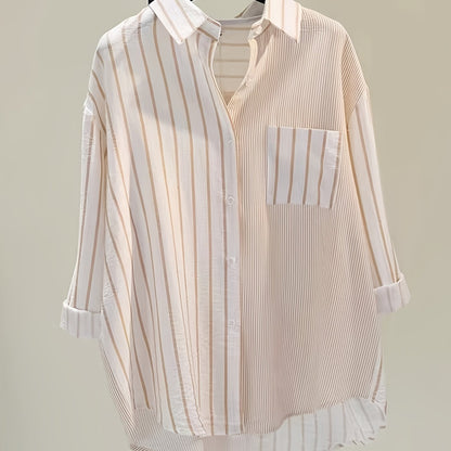 Long-Sleeve Elegant Striped Shirt for Plus-Size Women