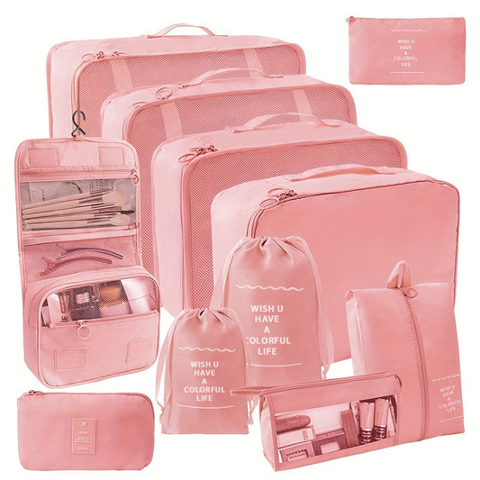 7 piece pink travel organizer set made of durable polyester packing cubes with inspirational quotes for efficient and stylish storage of clothes, underwear, shoes, cosmetics, and toiletries.