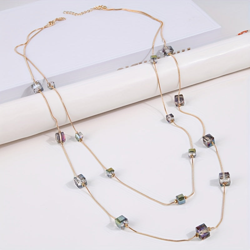 Women's daily wear clothing accessories: trendy double-layer long sweater chain with stylish square artificial crystal mix necklace