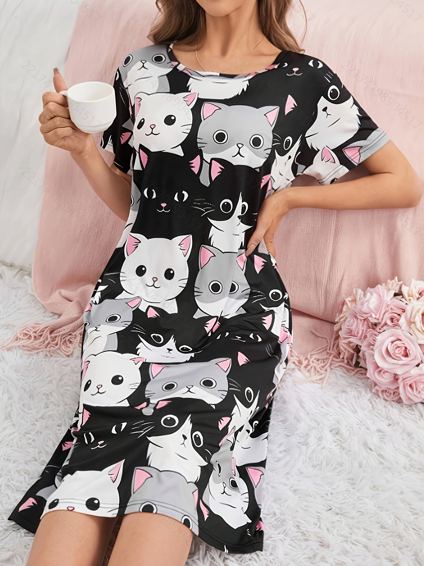 Women's knee-length sleep dress with cute cat print, made of soft polyester and elastane blend. Machine washable and perfect for all seasons.