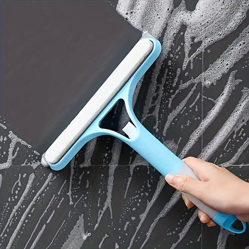 One piece 3-in-1 glass wiper featuring a scraper and sprayer. This versatile handheld tool can be used for cleaning windows, showers, tiles, car windshields, mirrors, and bathrooms. Perfect for spraying, washing, and scraping surfaces. The ultimate