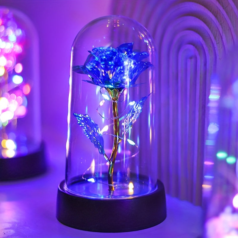 Battery-operated LED flower night light with rose pattern, plastic shade, non-rechargeable button batteries. Perfect for bedroom decor or romantic gifts.