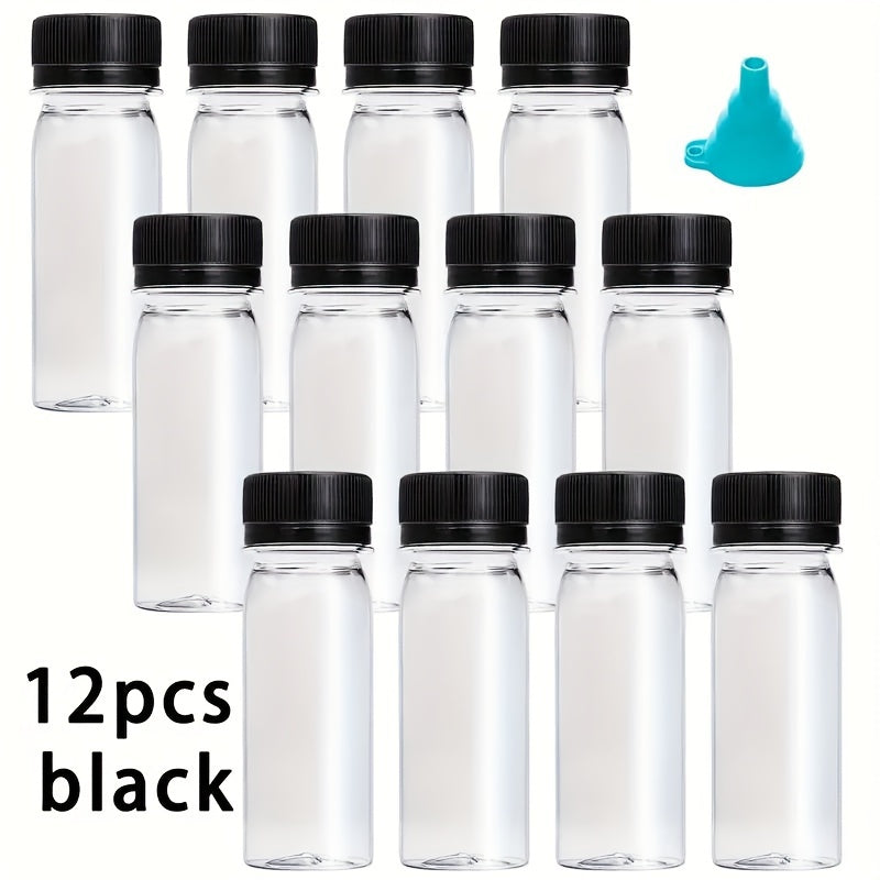 Set of 12 Small Plastic Bottles with White and Black Caps, 2 oz (60ml) - Resealable, Safe Containers for Liquids, Oils, and Vinegars, Comes with Blue Silicone Funnel for Convenient Refilling - Perfect for Events like Catering, Parties, or Wedding Gifts