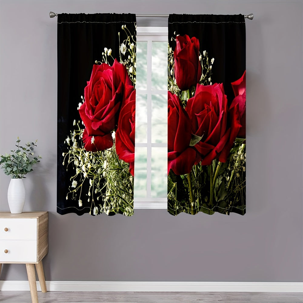 Enhance your living space with 2 stunning red rose-themed curtains for privacy and decoration. Perfect for Valentine's Day or any romantic occasion, these translucent curtains provide privacy and elegance in any bedroom or living room.