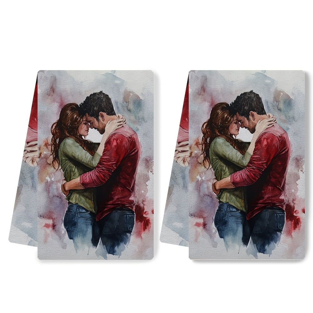 Set of 2 Romantic Embrace Kitchen Towels - Luxuriously Soft, Super Absorbent Polyester Hand Towels for Dishes, Easy to Clean, 40.64x60.96 cm - Perfect for Valentine's Day or Daily Kitchen Use